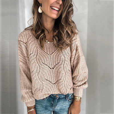Jannike | Stickad Tröja Dam Kabelstickad V-Ringad Oversized