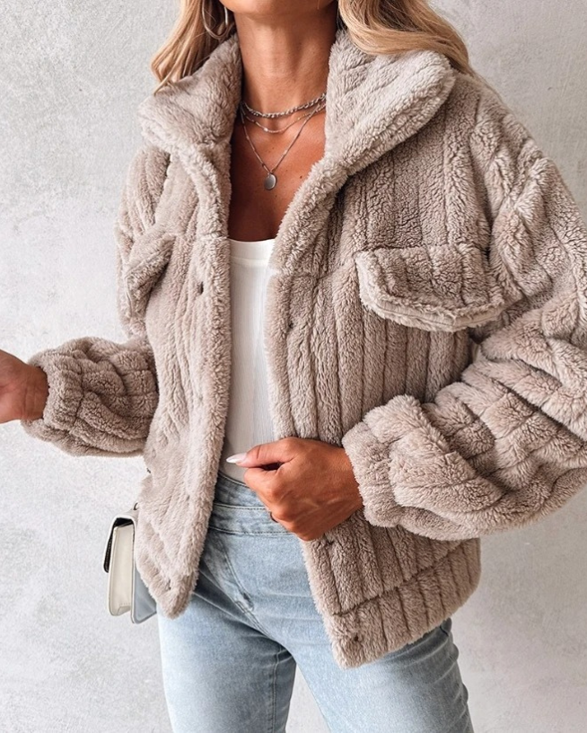 Jenny | Teddyjacka Dam Oversized Knäppning Multi-Pocket