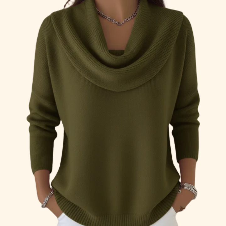 Synniva | Tröja Dam Draperad Krage Ribbstickad Relaxed Fit