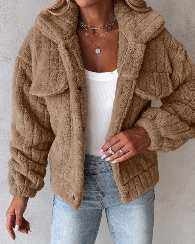 Jenny | Teddyjacka Dam Oversized Knäppning Multi-Pocket