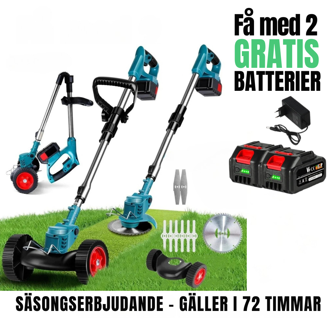 Trådlös Hopfällbar Grästrimmer Med Hjulställning Och Tre Bladtyper