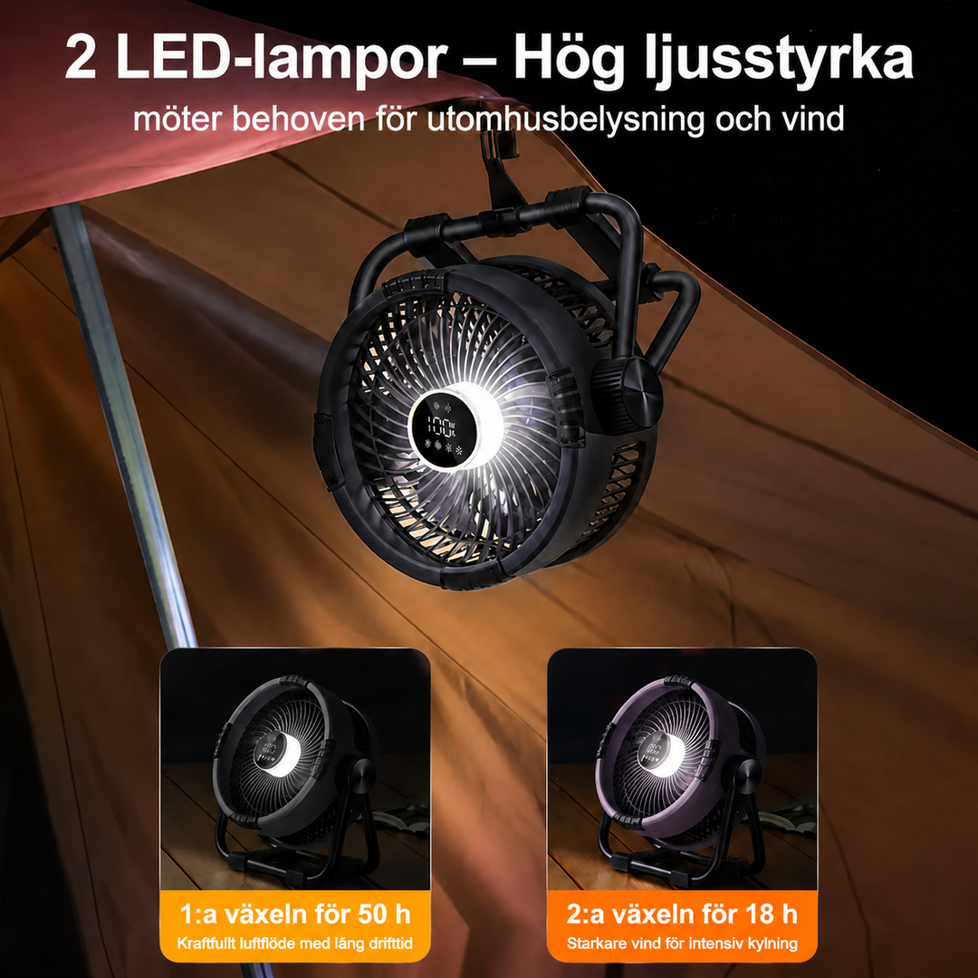Campingfläkt Med 20 000 mAh Powerbank LED-Belysning Och Fjärrkontroll