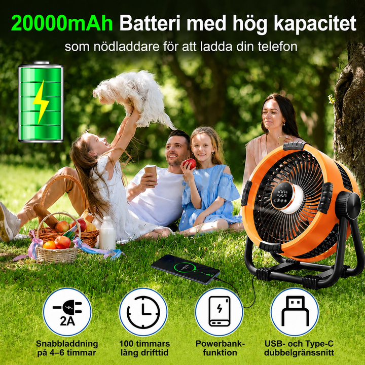 Campingfläkt Med 20 000 mAh Powerbank LED-Belysning Och Fjärrkontroll