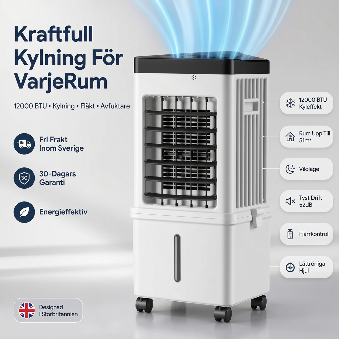 Bärbar Luftkonditionering 12 000 BTU – 3-i-1 Med Kyla, Fläkt Och Avfuktning