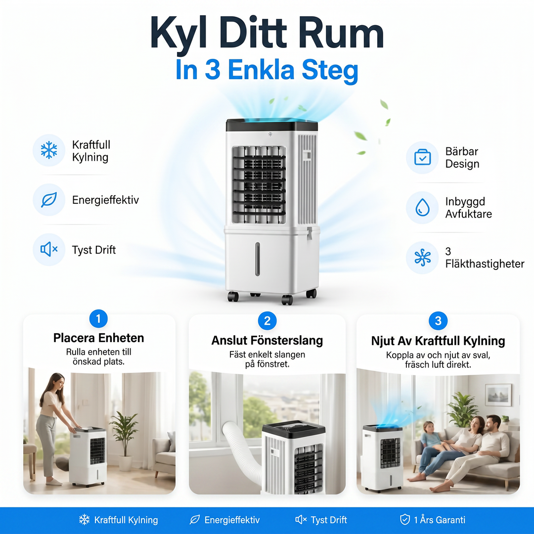 Bärbar Luftkonditionering 12 000 BTU – 3-i-1 Med Kyla, Fläkt Och Avfuktning