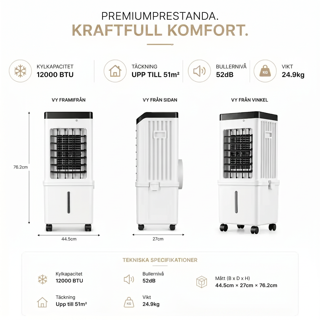Bärbar Luftkonditionering 12 000 BTU – 3-i-1 Med Kyla, Fläkt Och Avfuktning