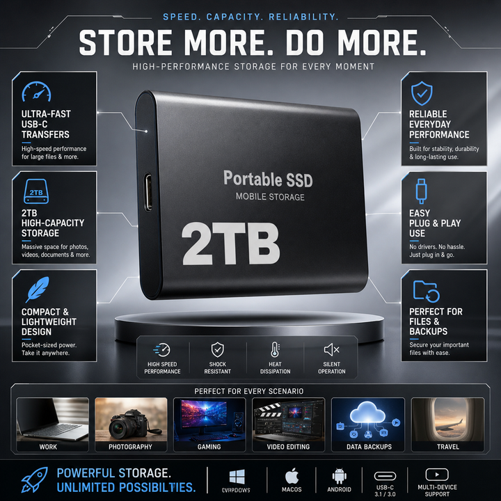 Portabel Extern SSD 2 TB Med USB-C För Mobil Lagring Och Säkerhetskopiering