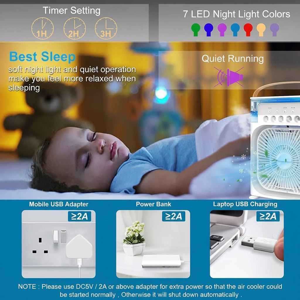 Portabel Mini Luftkylare Med 3 Hastigheter 3 Spraylägen Och LED-Stämningsljus