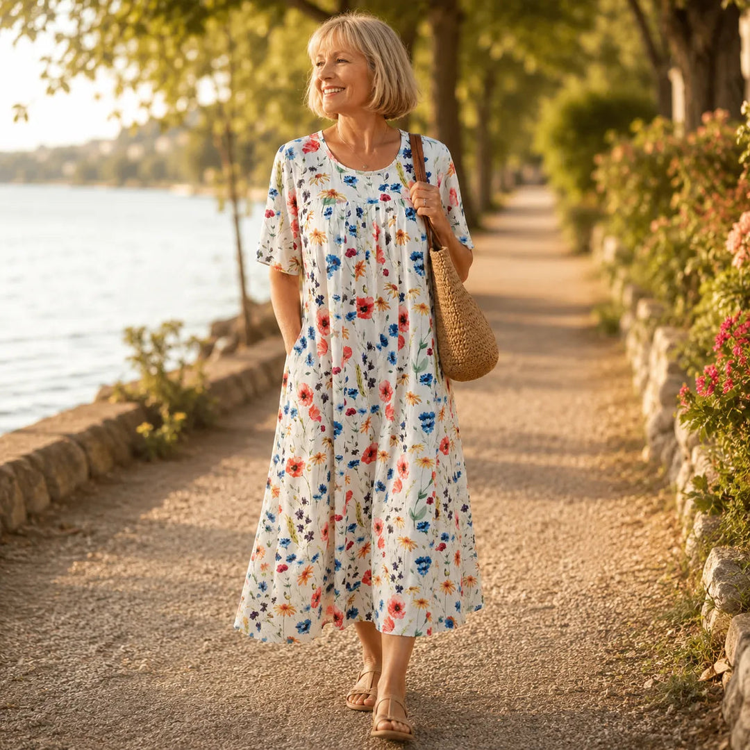 Märta | Blommig Midiklänning Med Fickor