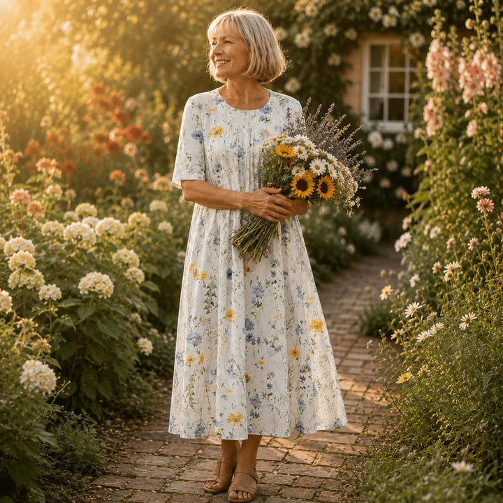 Märta | Blommig Midiklänning Med Fickor