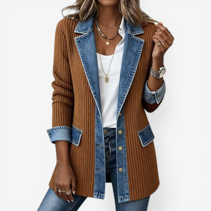 Inga | Jacka Dam Stickad Lagerlook Denimdetaljer