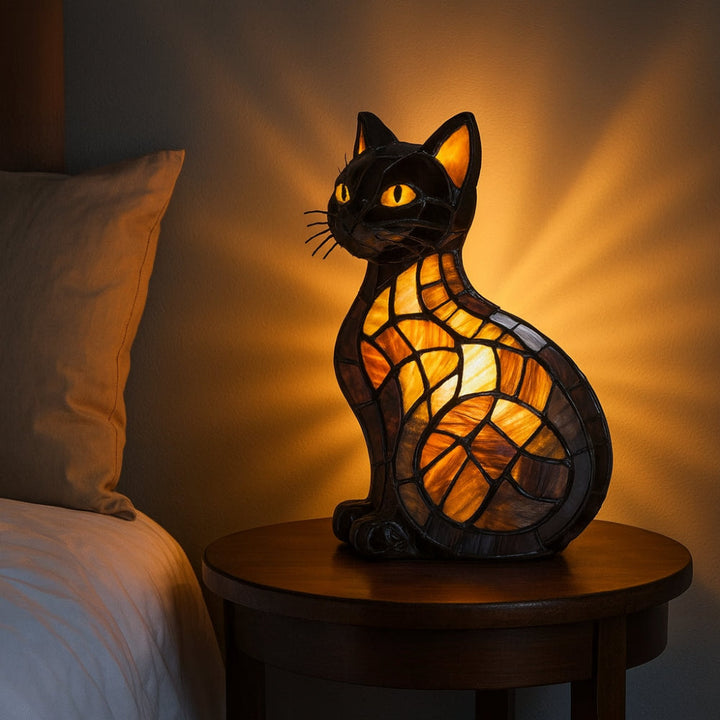 Kattformad Bordslampa I Färgat Glasutseende Med Mjukt Stämningsljus