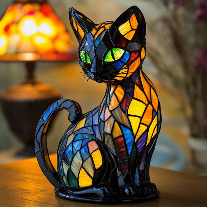 Kattformad Bordslampa I Färgat Glasutseende Med Mjukt Stämningsljus