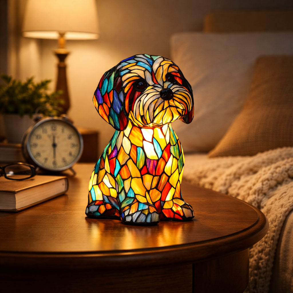Hundformad Bordslampa Med LED-Ljus Och Dekorativt Färgat Glasutseende