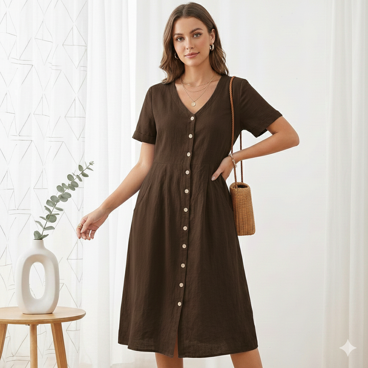 Klänning Midi Dam Knappar V Hals Kortärmad
