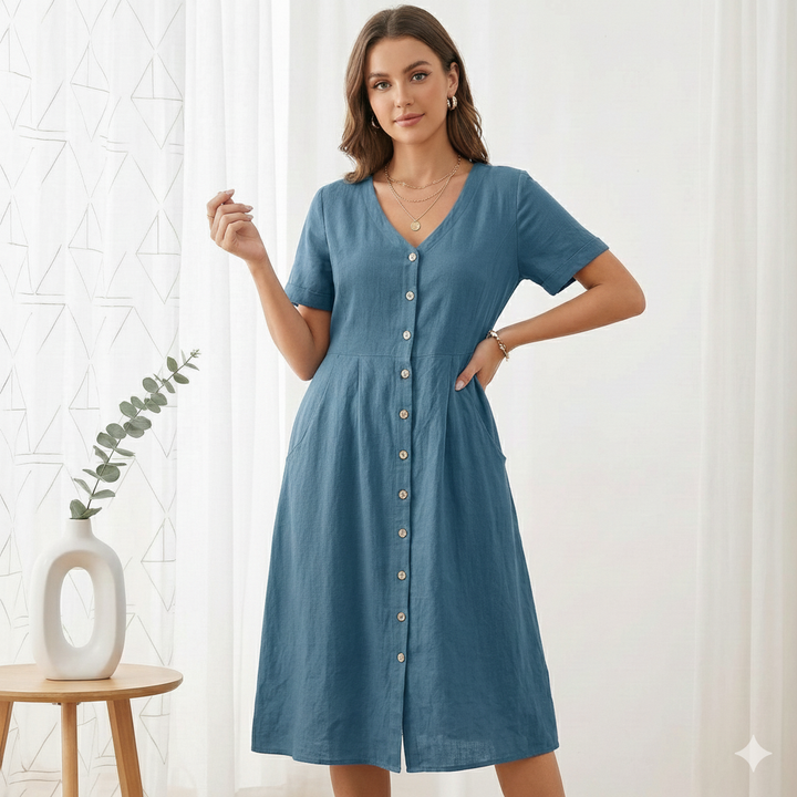 Klänning Midi Dam Knappar V Hals Kortärmad