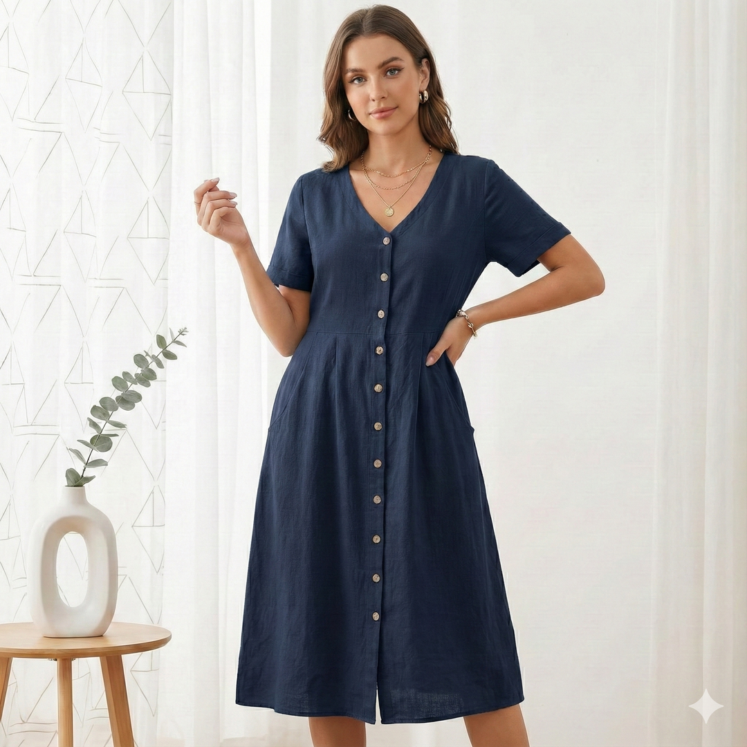 Klänning Midi Dam Knappar V Hals Kortärmad
