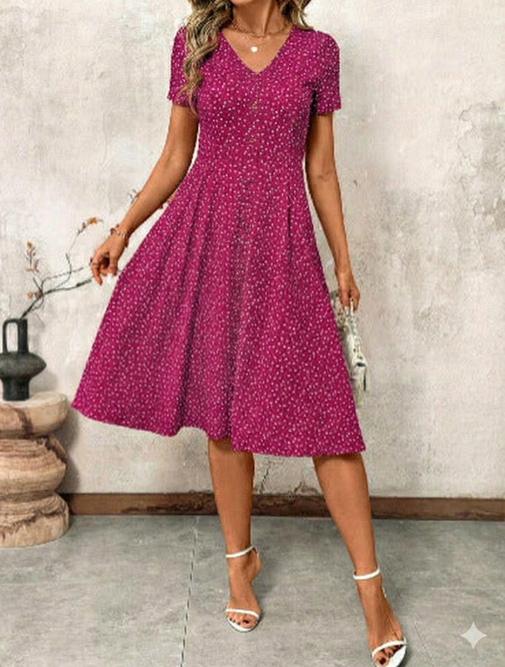 Klänning Midi Dam Knappar V Hals Kortärmad