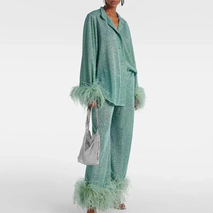 Vivienne | Glittrande Set Dam Med Fjäderdetaljer