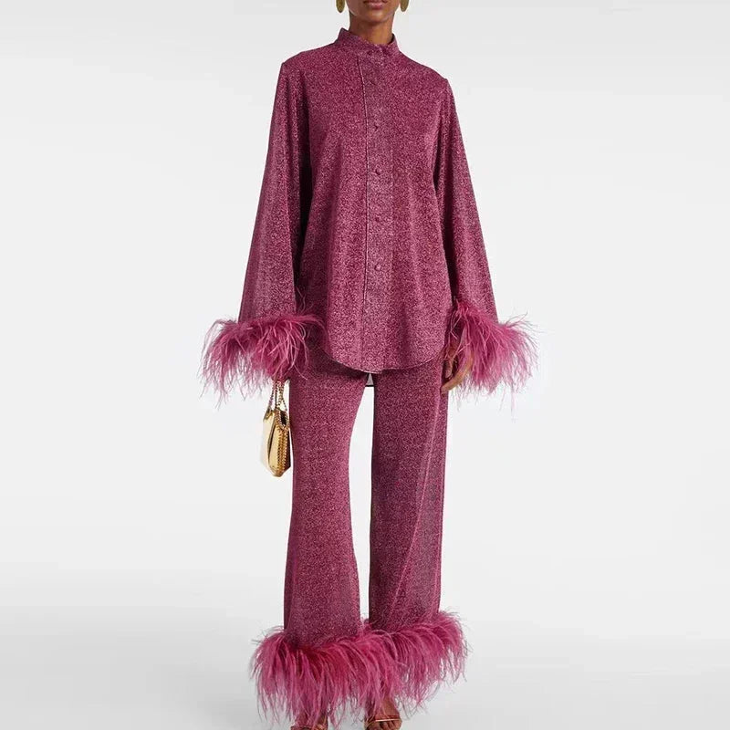 Vivienne | Glittrande Set Dam Med Fjäderdetaljer