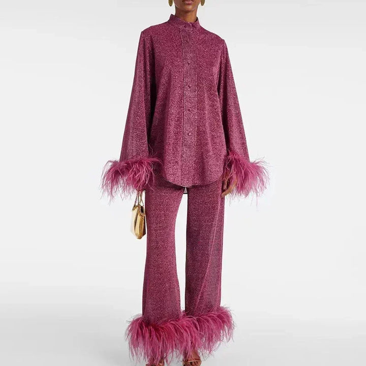 Vivienne | Glittrande Set Dam Med Fjäderdetaljer