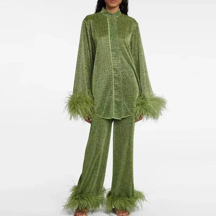 Vivienne | Glittrande Set Dam Med Fjäderdetaljer