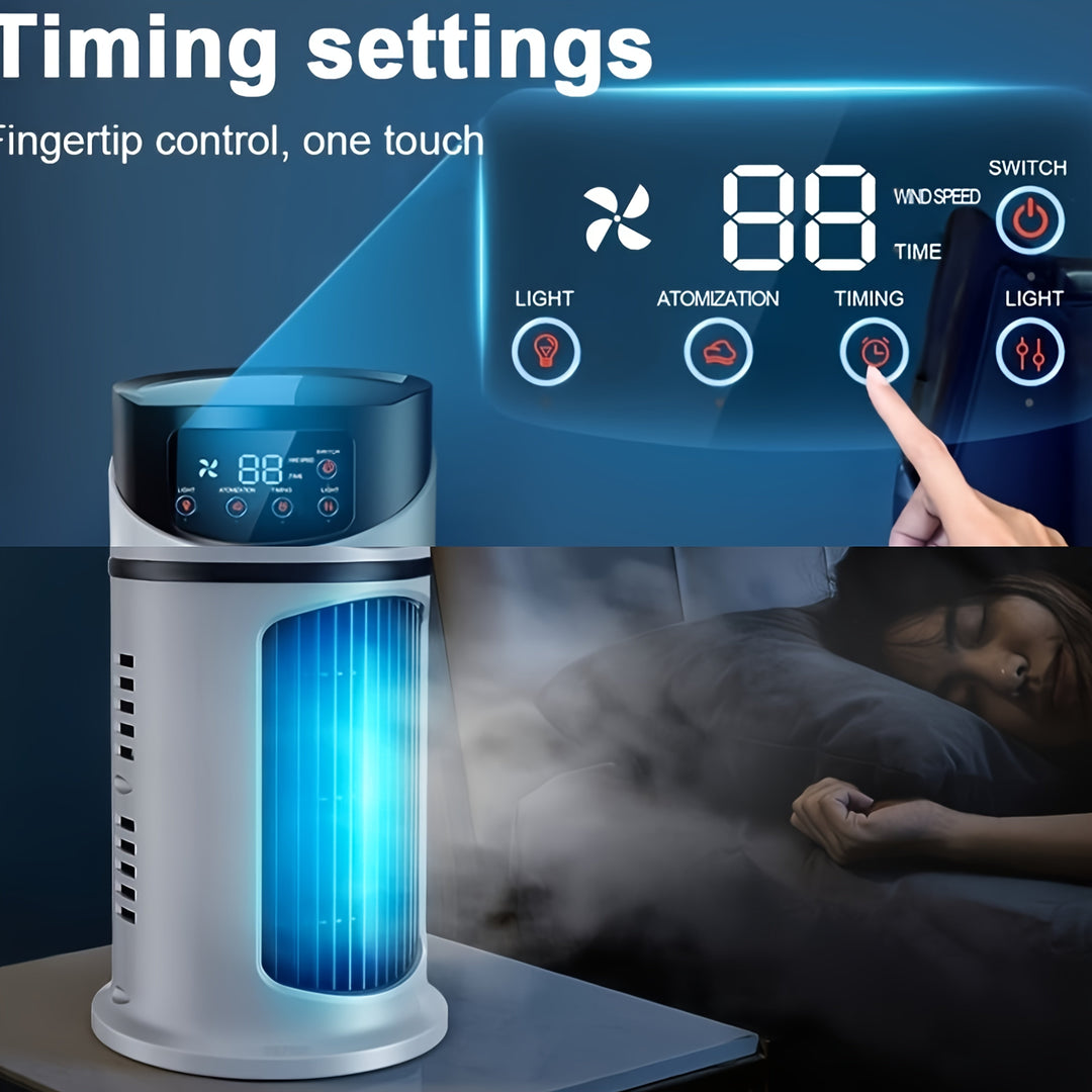 Portabel 4-I-1 Kylfläkt Med Spraydimma Timer Och LED-Nattljus